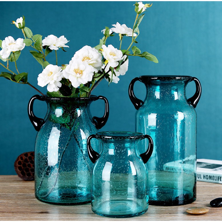 Bình Hoa Thủy Tinh Tai Màu Xanh BJ090 - Bình Cắm Hoa Cao Cấp