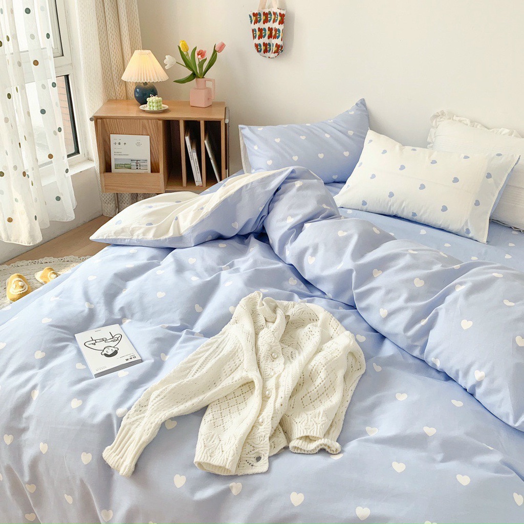 Bộ chăn ga gối cotton poly dùng 2 mặt Lidaco decor phòng ngủ vintage - Tim xanh trắng (SP001452)