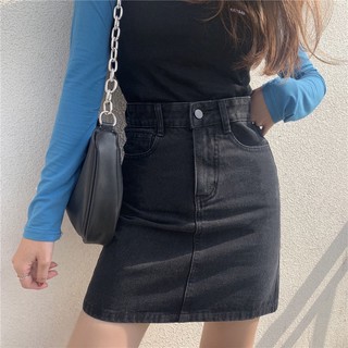 Quần váy jean đen/xám, lưng cao, co giãn mạnh