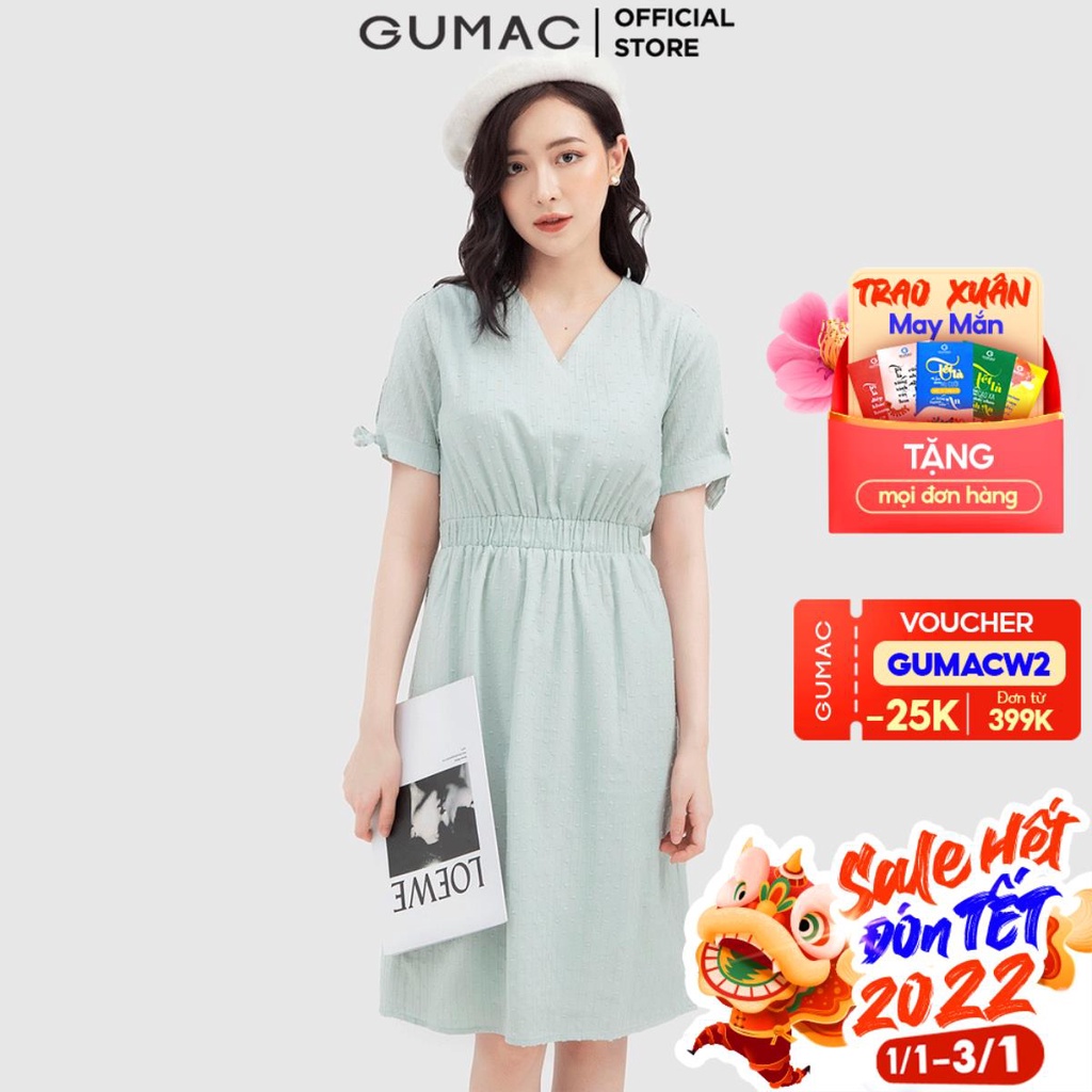 Đầm nữ cổ V tay nơ cách điệu GUMAC DB746