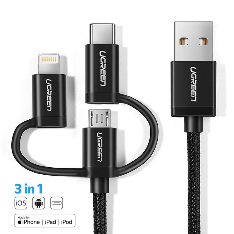 Dây sạc và truyền dữ liệu, dài 0.5-15m UGREEN US186 3 in 1, hỗ trợ cổng Lightning, Micro USB, USB type C