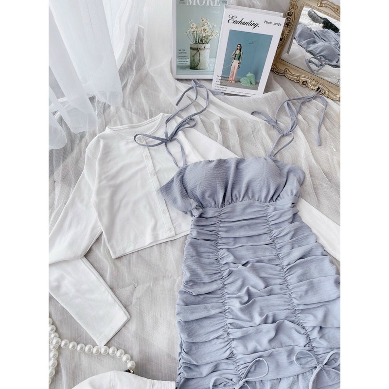 [Mã SKAMSALEP6 giảm 10% tối đa 100K đơn 150K] Set đầm xanh 2 dây nhún thân lai bèo kèm áo khoác trắng | BigBuy360 - bigbuy360.vn