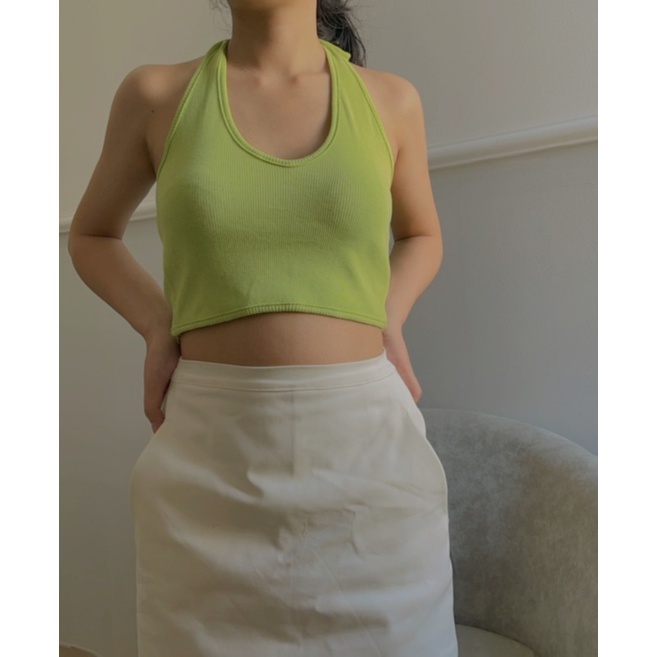 ÁO THUN GÂN CỔ YẾM, ÁO CROPTOP THUN GÂN CỔ YẾM MÀU XANH CỐM