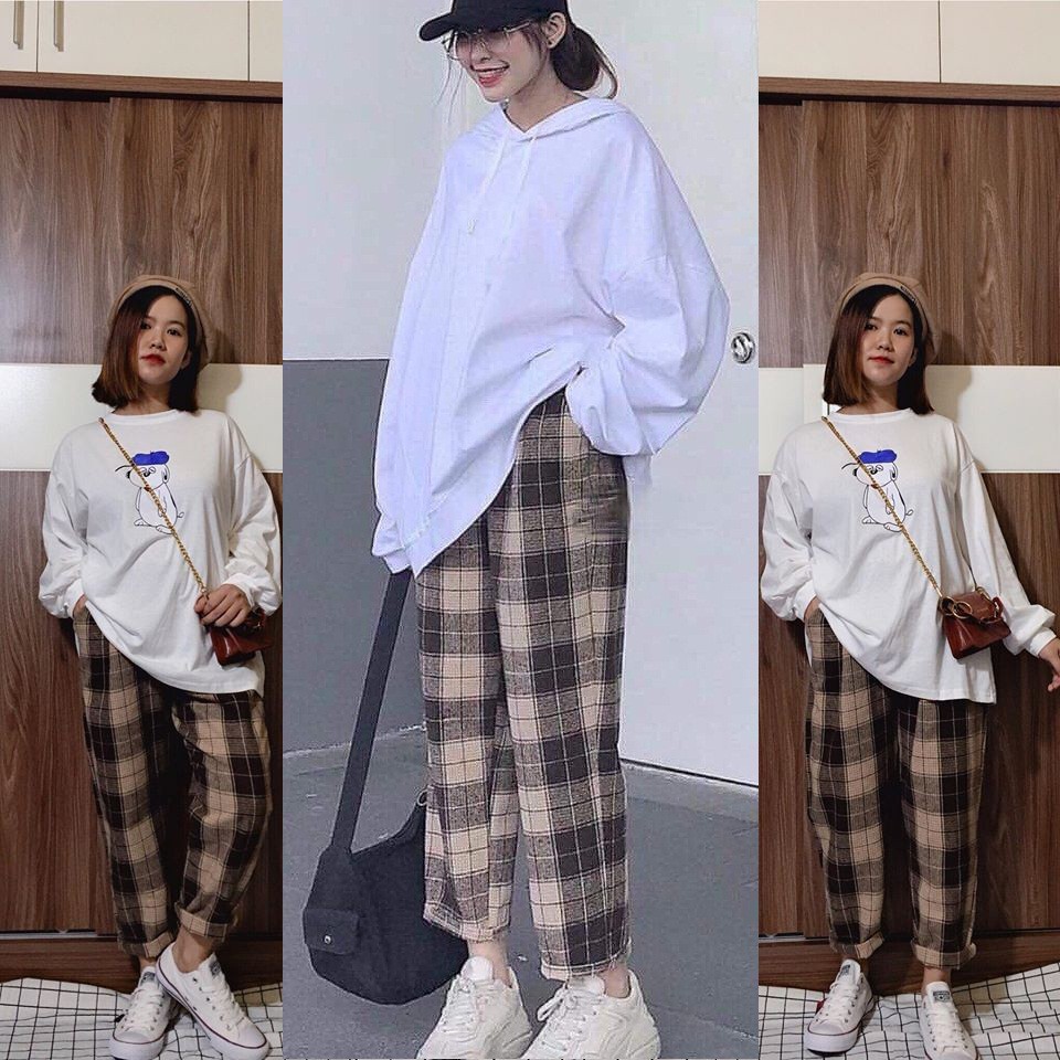 Quần ống rộng nữ, Quần ống suông nữ, Quần culottes nữ phối kẻ caro chất liệu thô mềm cá tính sành điệu