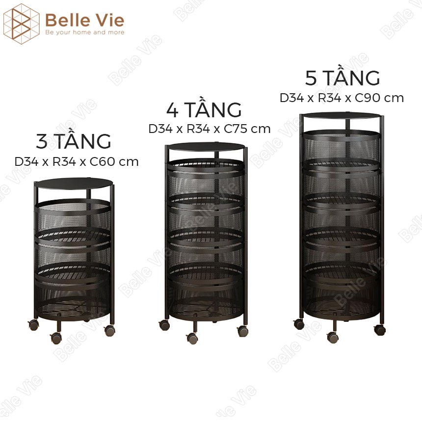 Kệ Đa Năng Tròn Xoay BELLEVIE Kệ Đựng Đồ Nhà Bếp Bằng Sắt Sơn Tĩnh Điện Không Cần Lắp Ráp Có Bánh Xe 360 Độ