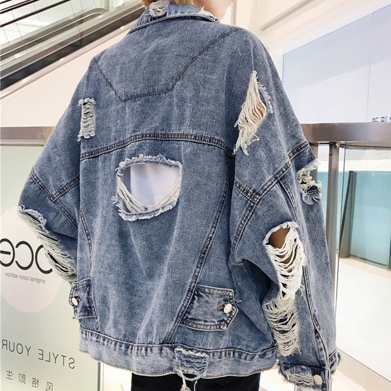 Áo Khoác Denim Dáng Rộng Phối Rách Kiểu Harajuku Hàn Quốc Cá Tính Cho Nam