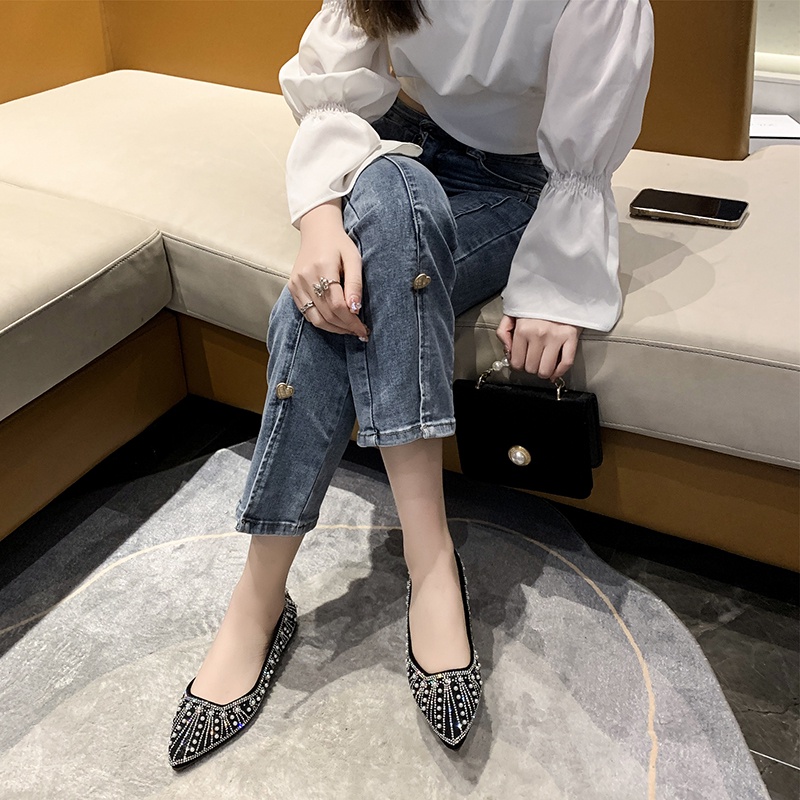 Giày Búp Bê Da Đế Bằng Mũi Nhọn Đính Đá Pha Lê Thời Trang Cho Nữ