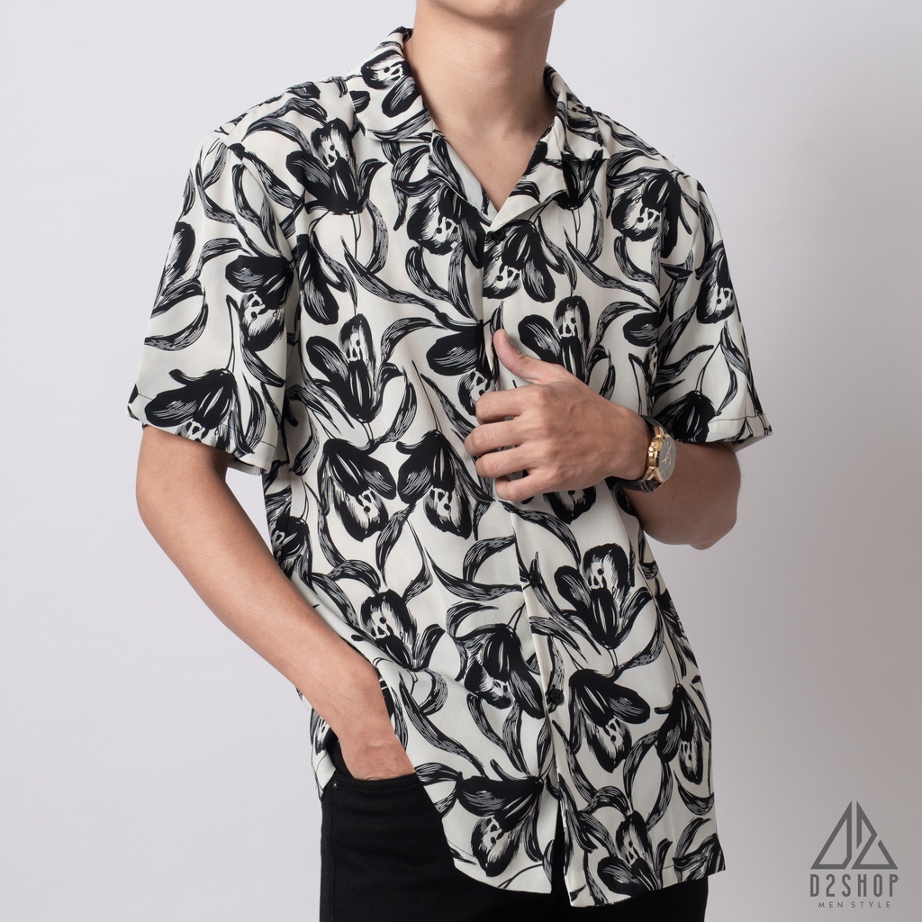 Áo sơ mi D2shop, áo sơ mi nam ngắn tay in họa tiết, curban shirt màu trắng, in họa tiết hoa Tulip