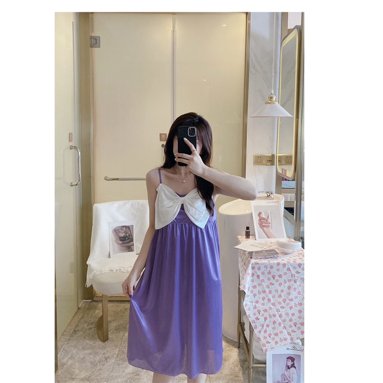 Đầm Ngủ Lụa Hai Dây Đính Nơ Thời Trang Mùa Hè Cho Nữ