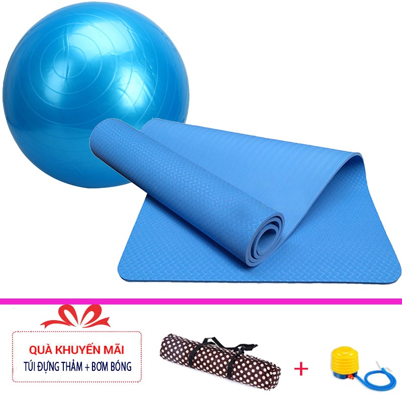 Combo thảm tập yoga TPE 1 lớp 8mm + Bóng tập yoga cao cấp (Tặng túi đựng thảm và bơm bóng)