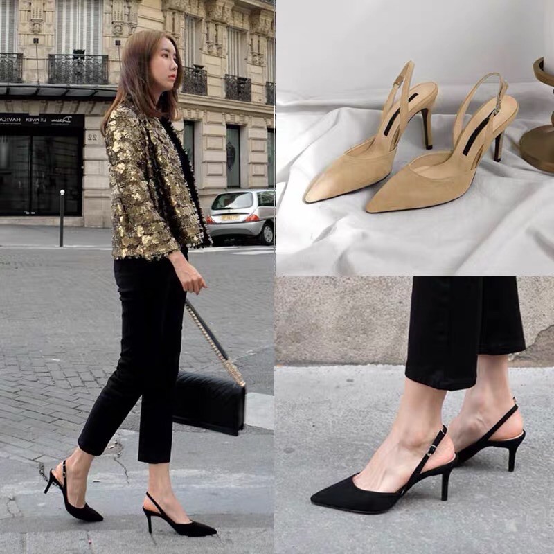 Giày cao gót mũi nhọn da mềm cao cấp đế 7cm màu nude/đen ✨ thanh lịch nữ tính