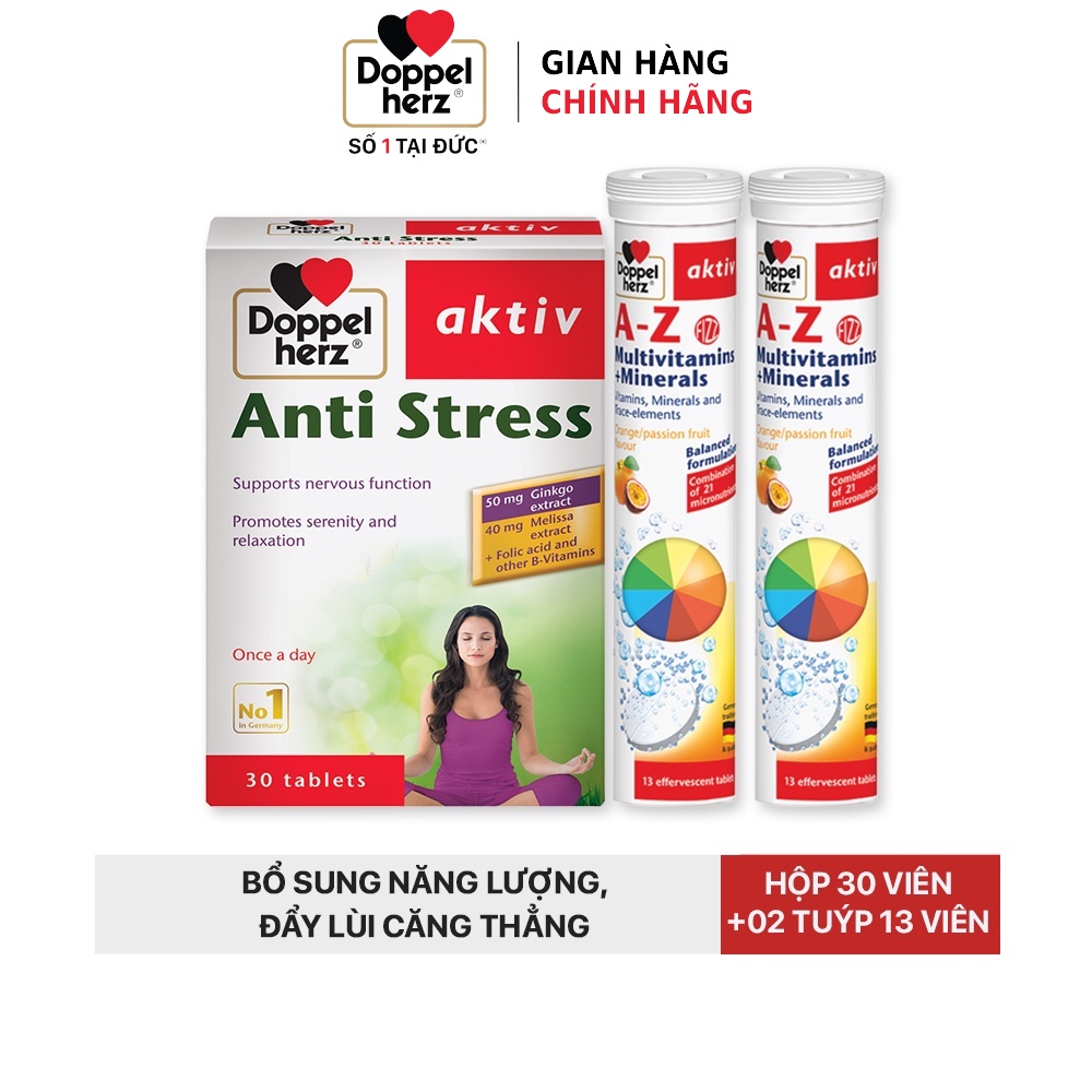 Combo bổ sung vitamin và khoáng chất, giảm căng thẳng, mệt mỏi Doppelherz Anti Stress (30 v)+02 tuýp sủi A-Z Fizz (13v)