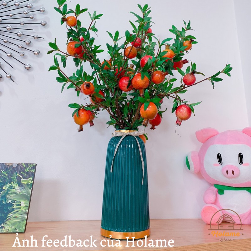 Bình hoa, lọ hoa gốm hình trụ viền vàng và họa tiết cam cực xinh decor phòng khách, bàn làm vệc