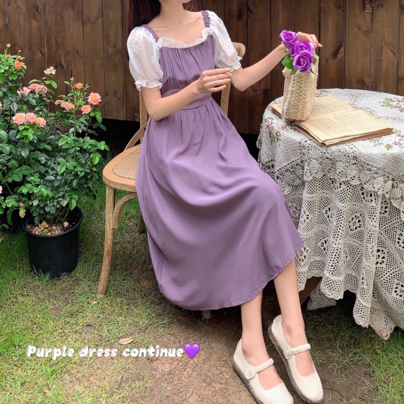 Đầm Perty midi dáng ôm màu tím thời trang mùa hè phong cách Hàn Quốc thanh lịch