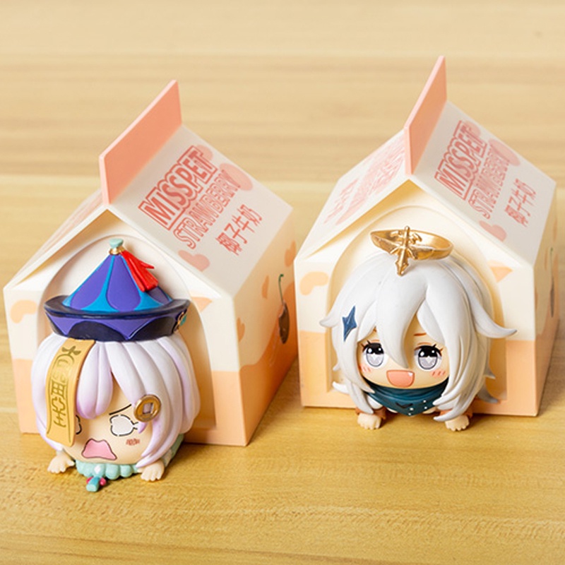 2pcs/set Genshin Impact Qiqi Paimon Milk Box PVC Figure Game Milk House Action Figure Collectibles Model Toys Xmas Gifts