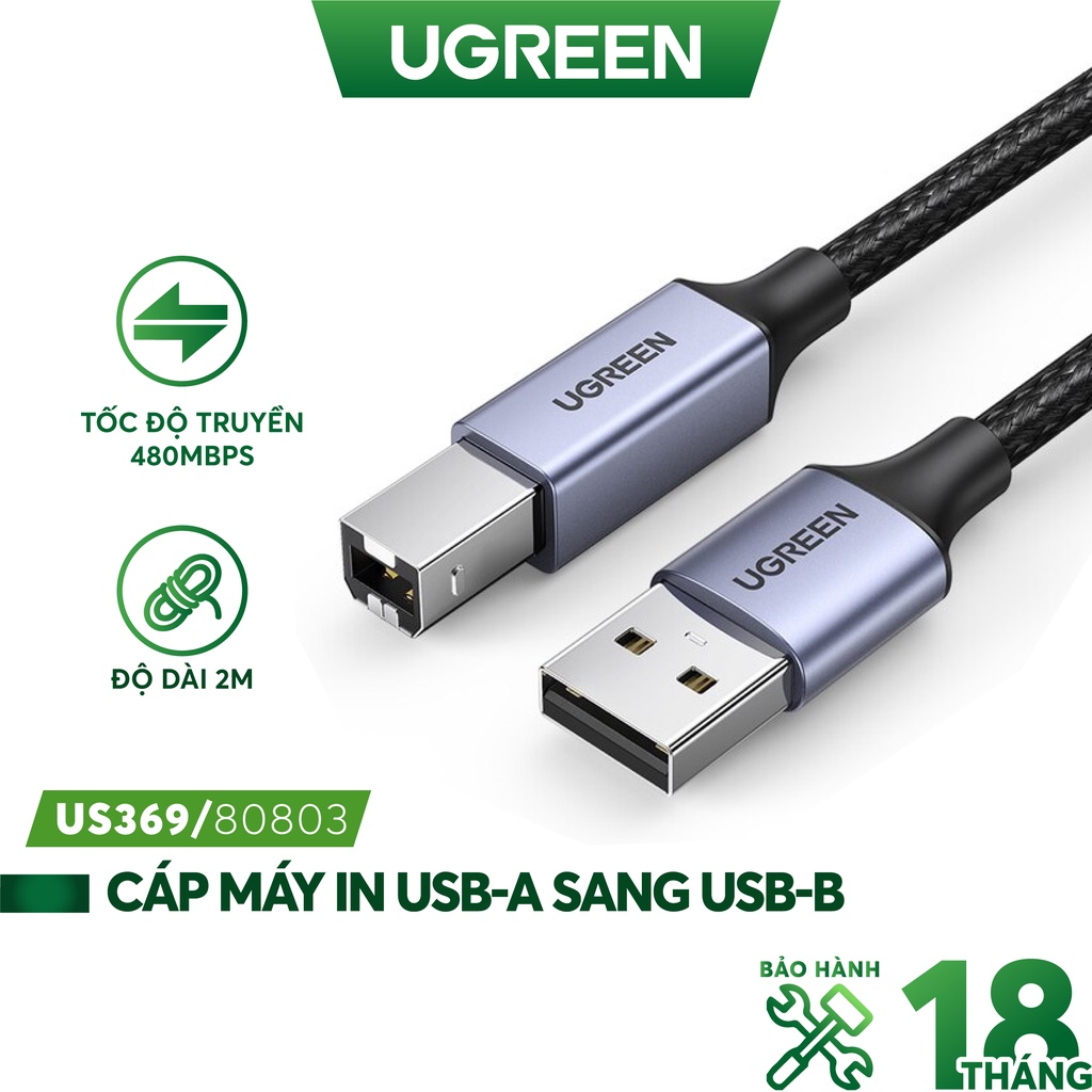 Cáp máy in USB A sang USB B sử dụng cho máy Fax, máy in... dài 1-3m UGREEN US369