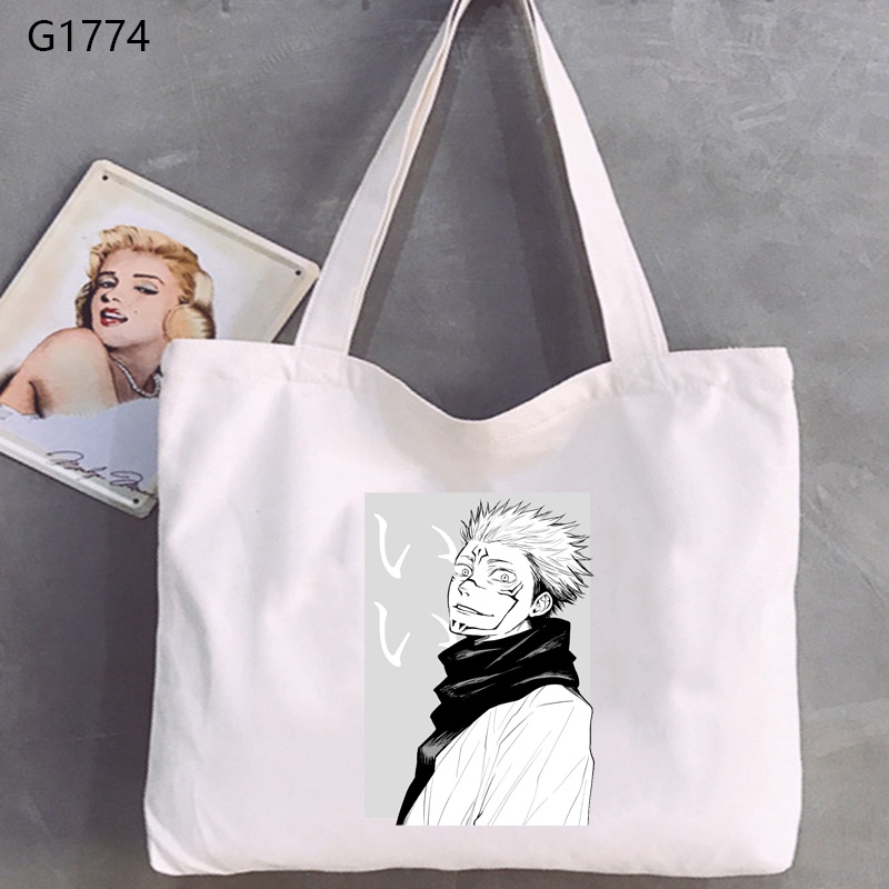 Anime Nhật Bản Jujutsu Kaisen Họa Tiết Túi Đeo Vai Thời Trang Màu Trắng Ngang Dây Kéo Túi Vải