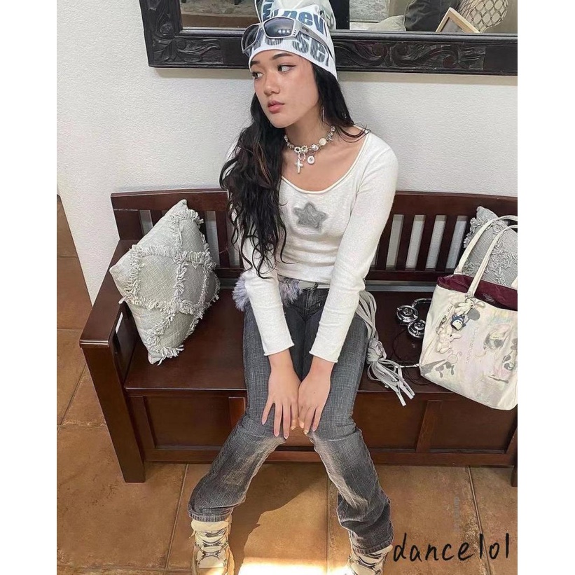 Áo Thun Tay Dài Cổ Tròn Thêu Ngôi Sao Nhảy Múa 1O1 Y2k