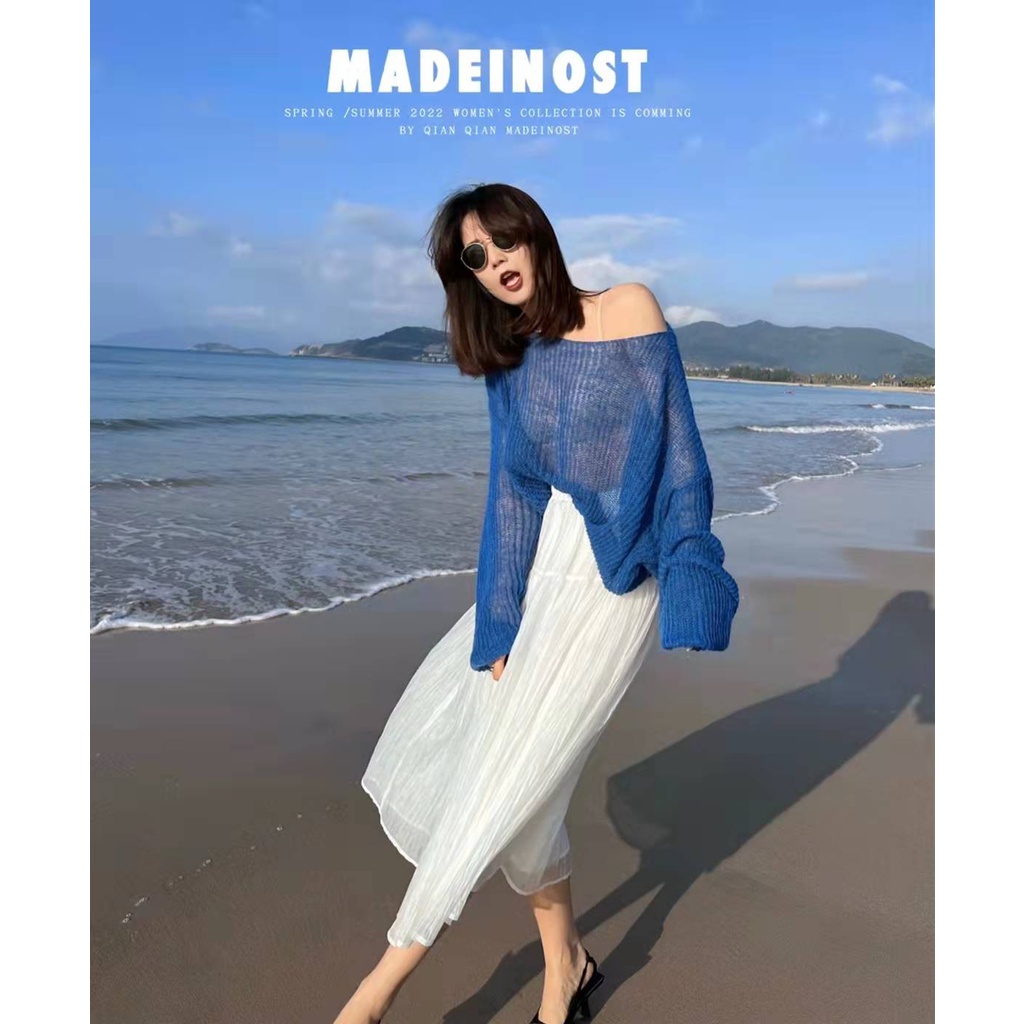 SUXI Áo Dệt Kim Tay Dài Dáng Rộng Màu Sắc Thanh Lịch