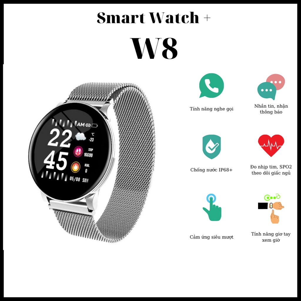 Đồng hồ thông minh W8 Chống Nước IP68 Màn hình IPS 44mm, Nghe gọi, Smart watch Hỗ trợ theo dõi nhịp tim
