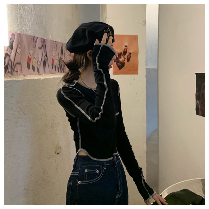 SUXI Áo Thun Tay Dài Màu Sắc Đơn Giản Phong Cách Vintage Dành Cho Nữ