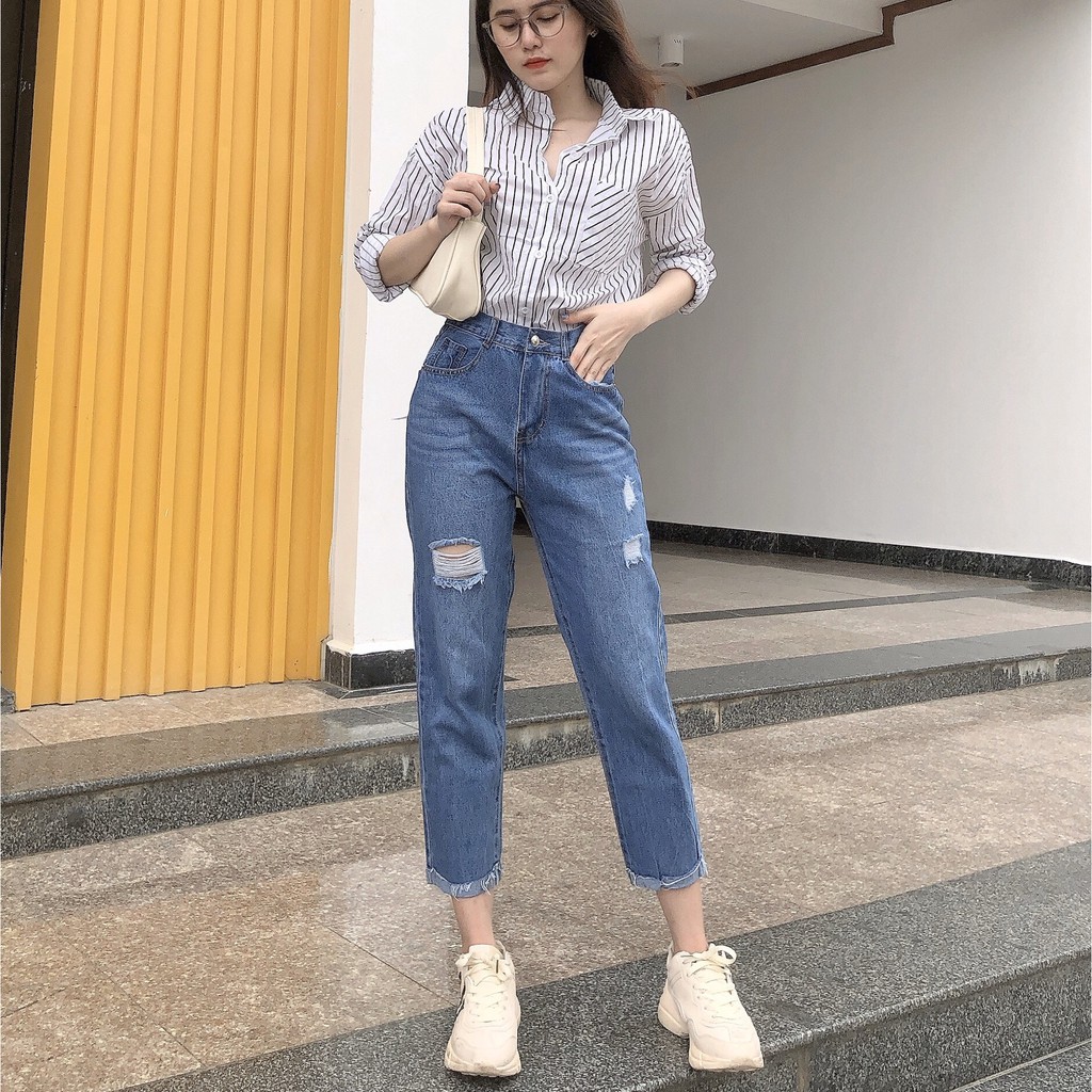 Quần jean nữ baggy King168, quần nữ co dãn nhẹ mẫu THU79