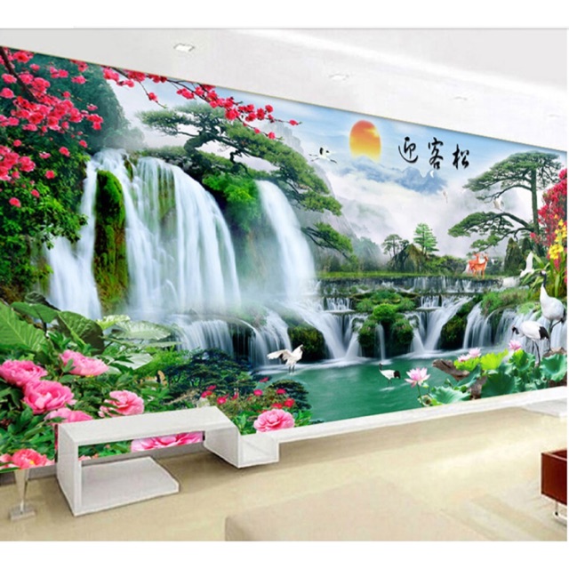 Tranh Đính Đá-Tranh Thêu phong cảnh khổ lớn tài lộc đổ về 240x1m 2mx90 194x84cm