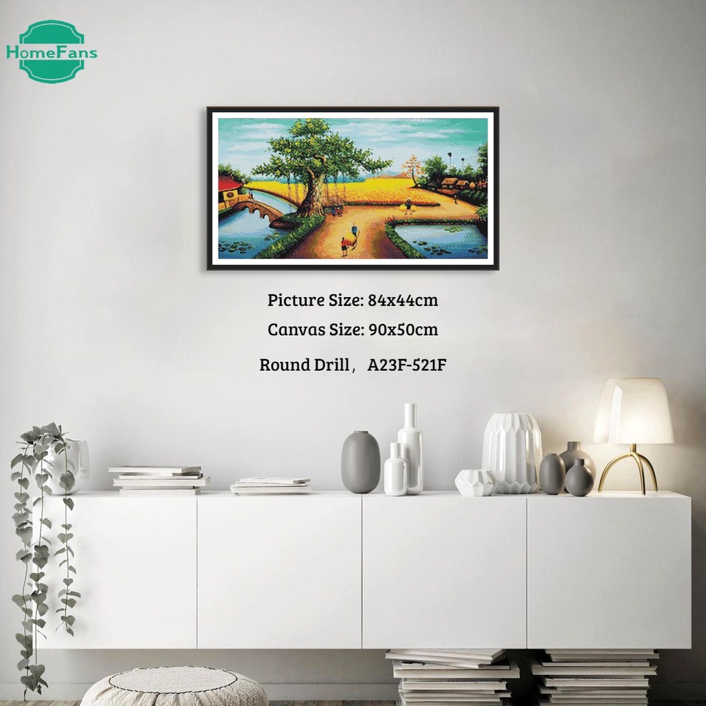 Bộ Tranh Đính Đá 5D Tự Làm Hình Phong Cảnh Làng Quê Kích Thước 90x50cm