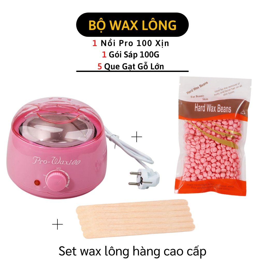 Combo Nồi Nấu Sáp Wax Lông Pro 100 + Sáp Wax Lông Cao Cáp + 5 Que Gạt Gỗ Lớn - Bộ Tẩy Lông