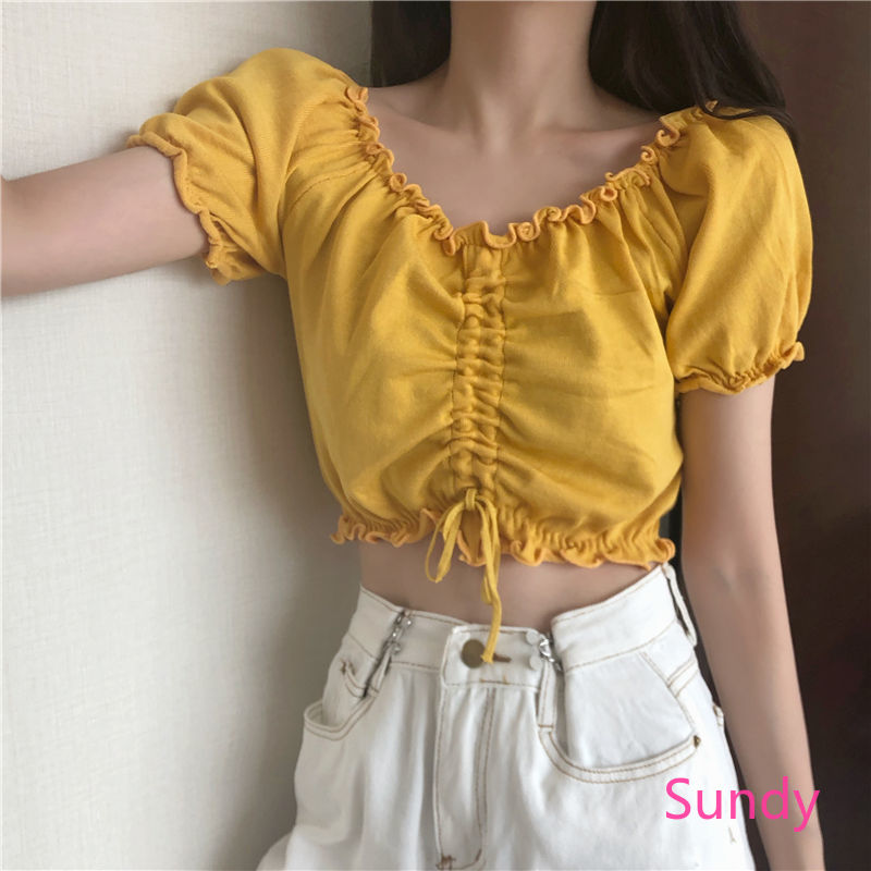 Áo kiểu croptop tay ngắn phối dây rút xinh xắn thời trang dành cho nữ