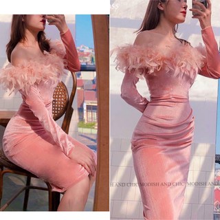 [GIÁ HỦY DIỆT] Váy Nhung hồng body lông vũ V055 - Mimo Shop phân phối chính thức ( kèm ảnh thật shop tự chụp)