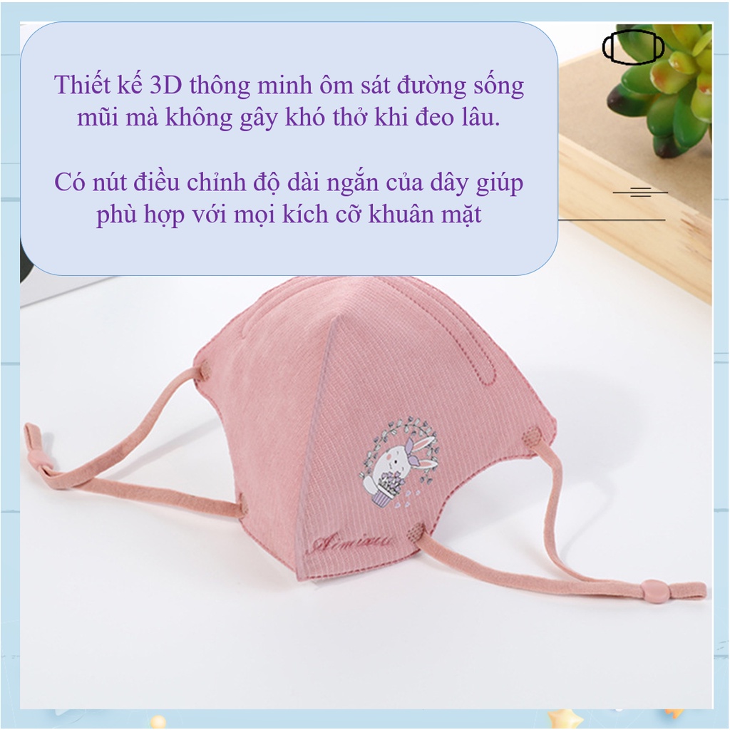 Khẩu trang vải cotton kháng khuẩn cho trẻ em 3 lớp chống bụi có dây rút điều chỉnh dễ thở