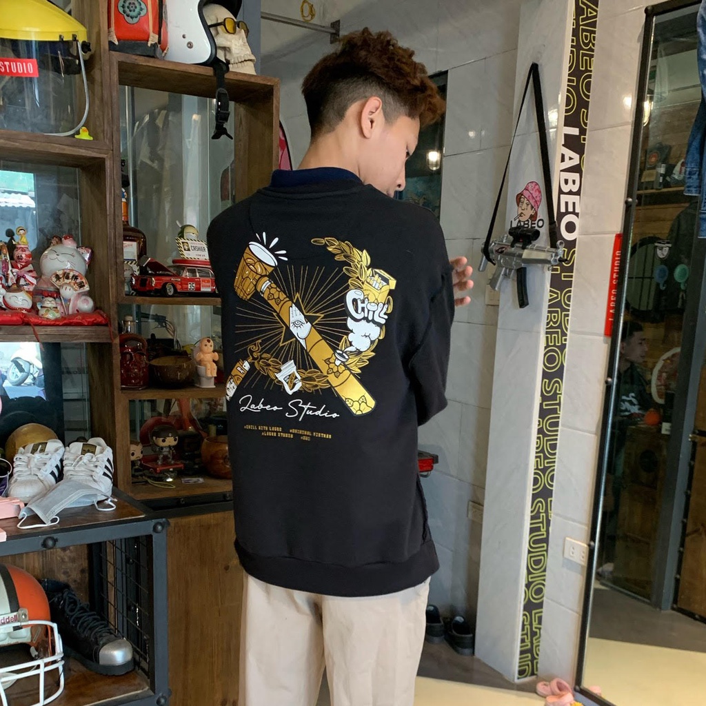 LB17 Áo sweater điếu cày vàng Labeo Áo nỉ dáng rộng dày dặn