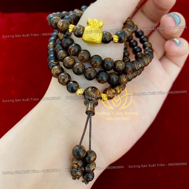 Chuỗi Trầm Hương 108 hạt mix Charm Túi Tiền Bạc 925 Phủ Vang - SIZE 6mm- Vòng tay gỗ nam nữ tự nhiên - Tốc &amp; Sánh