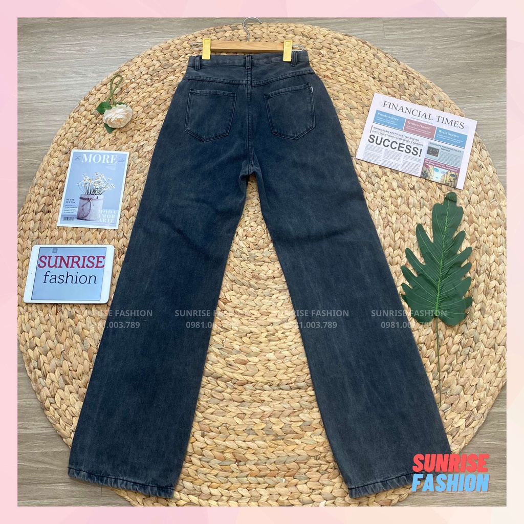 Quần jean nữ lưng cao ống đứng, quần bò nữ ống rộng cạp cao Sunrise Fashion S828