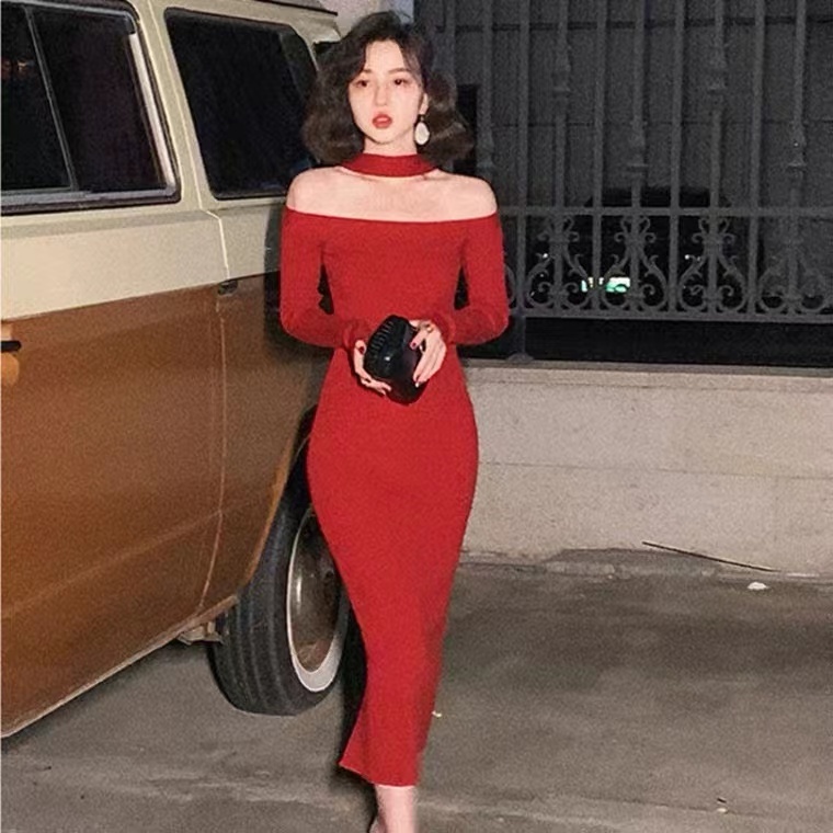 C & M Đầm Sweater Dệt Kim Trễ Vai Ôm Dáng Tay Dài Thời Trang Mùa Thu Cho Nữ