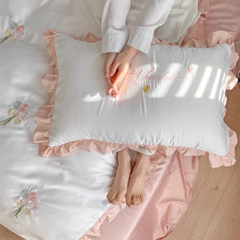 Bộ Chăn Ga Gối Phi Lụa Hoa Cúc Thêu Chăn 4 Món Nhập Khẩu Đủ Bẩy Màu Đơn Sắc Siêu Xịn