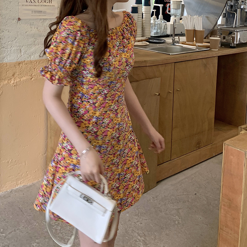 SUXI Đầm Nữ Ngắn Tay Cổ Tròn In Hoa Thời Trang