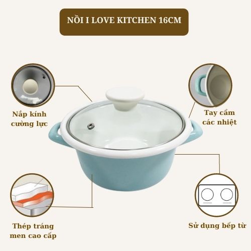 Nồi tráng men nhập khẩu cao cấp CHEFTINA, tông màu pastel, sử dụng bếp từ, kích thước 16cm