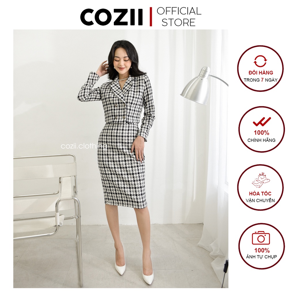 Set Áo Dạ Cổ Vest Chân Váy Dài Hoa Văn Gam Màu Hottrend S330