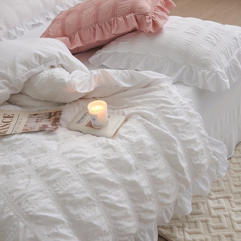 Freeship🌿Bộ chăn ga gối cotton đũi bánh bèo-set vỏ 4 món