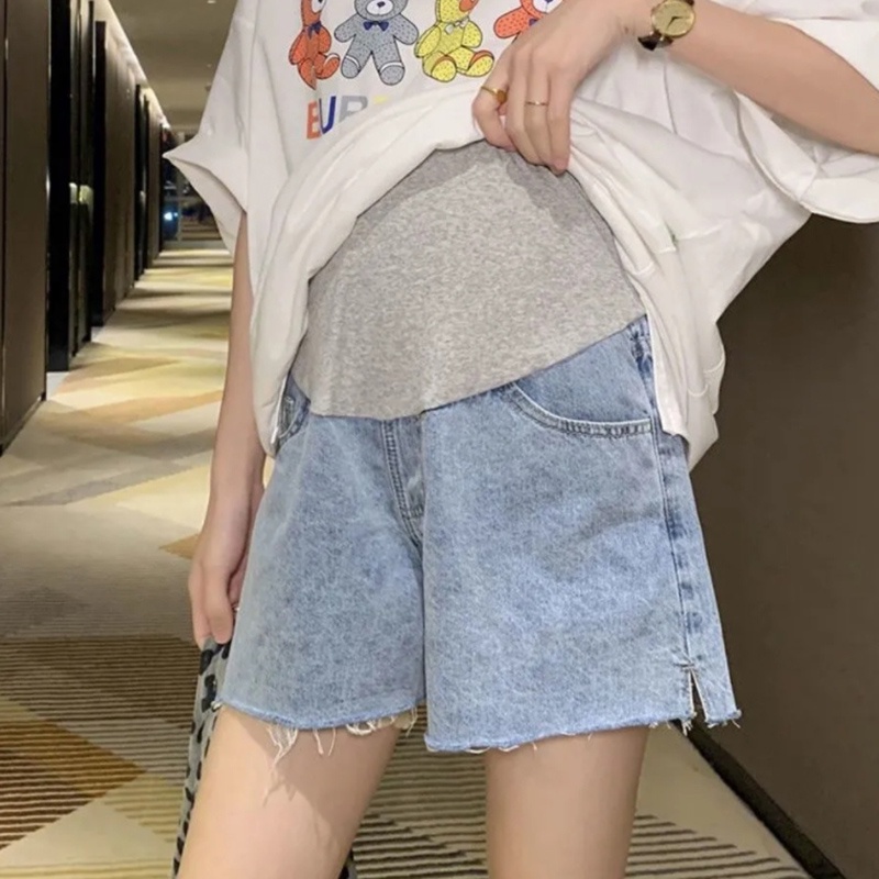 Quần short denim dáng rộng lưng thun co giãn điều chỉnh được cho các bà bầu