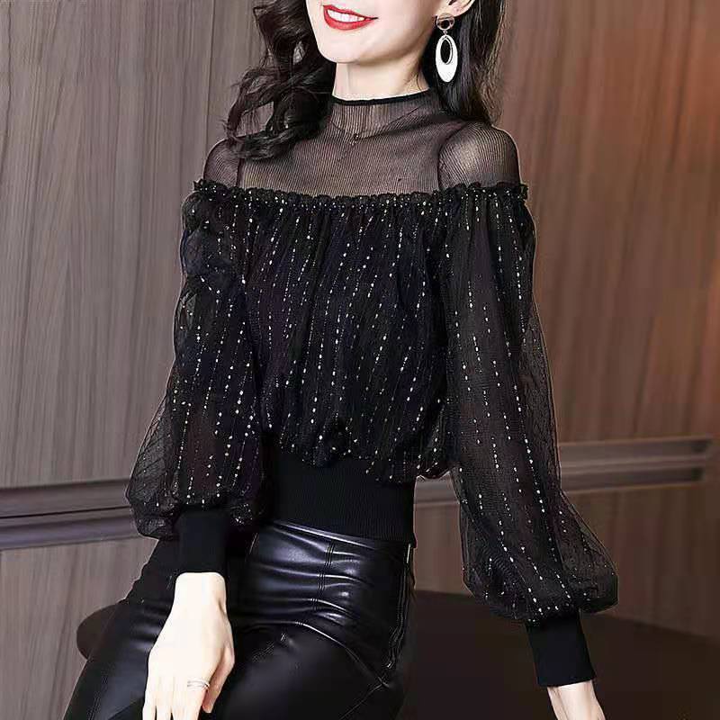 Áo Lưới Cổ Lọ Tay Dài Phồng Thời Trang Hàn Quốc