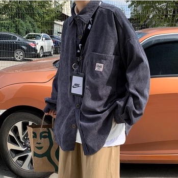 Áo Khoác Sơ Mi Nhung Kẻ Tay Dài Dáng Rộng Thời Trang Xuân Thu Nhật Bản Cho Nam Giới