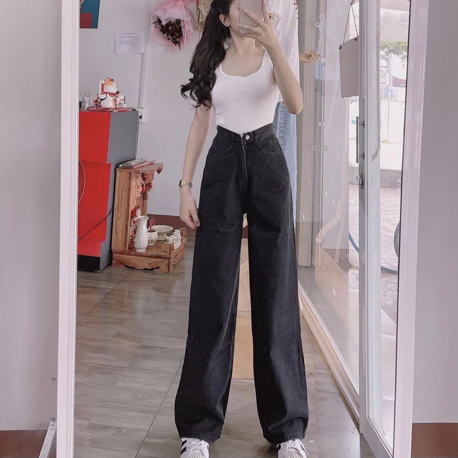 Quần jean ống suông nữ lưng cao cạp cúc dáng rộng chất bò size S M L | BigBuy360 - bigbuy360.vn