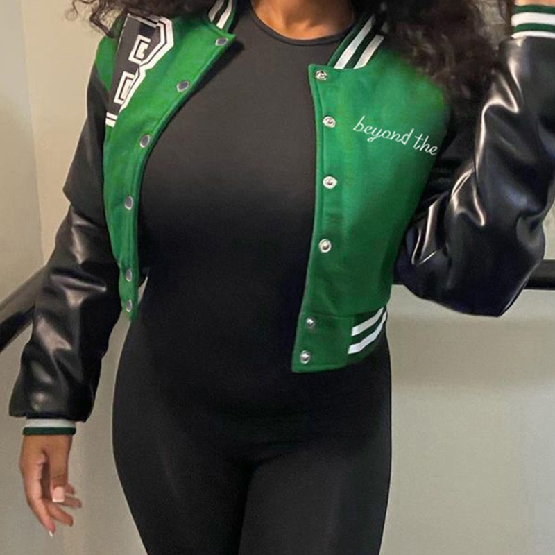 YOUYO Áo khoác bóng chày giả da tay dài dáng ngắn cài nút in chữ phối màu phong cách Harajuku cổ điển cho nữ | BigBuy360 - bigbuy360.vn
