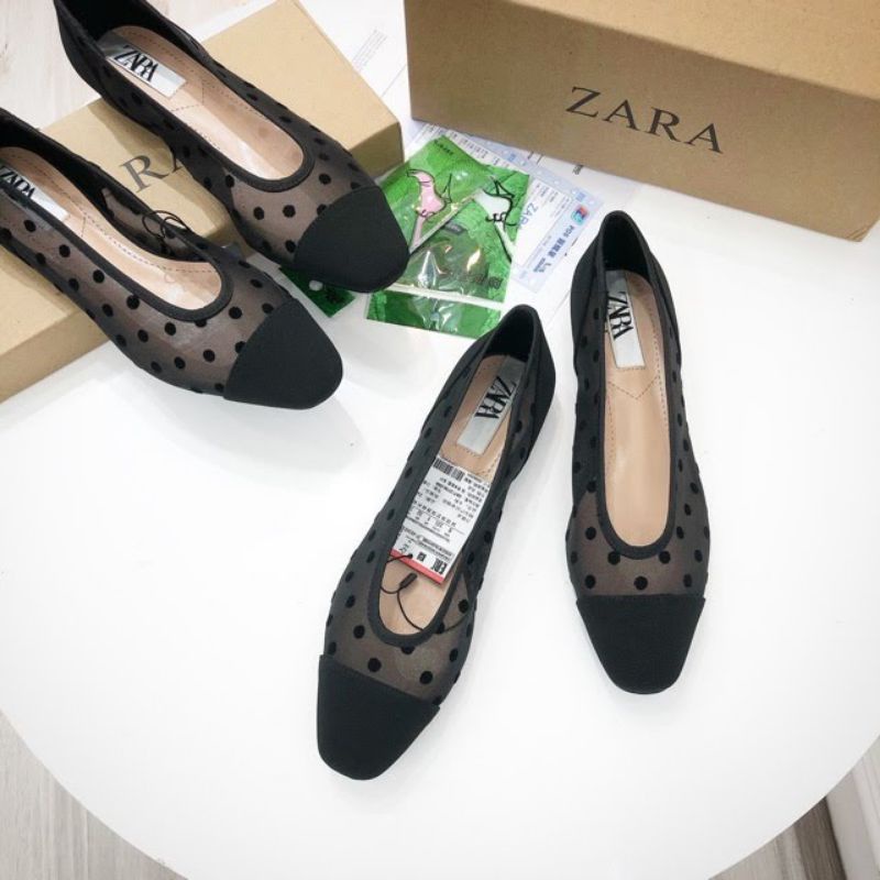 Giày bệt búp bê ZARA xuất xịn voan lưới chấm bi đen mũi vuông size 35 36 37 38 39