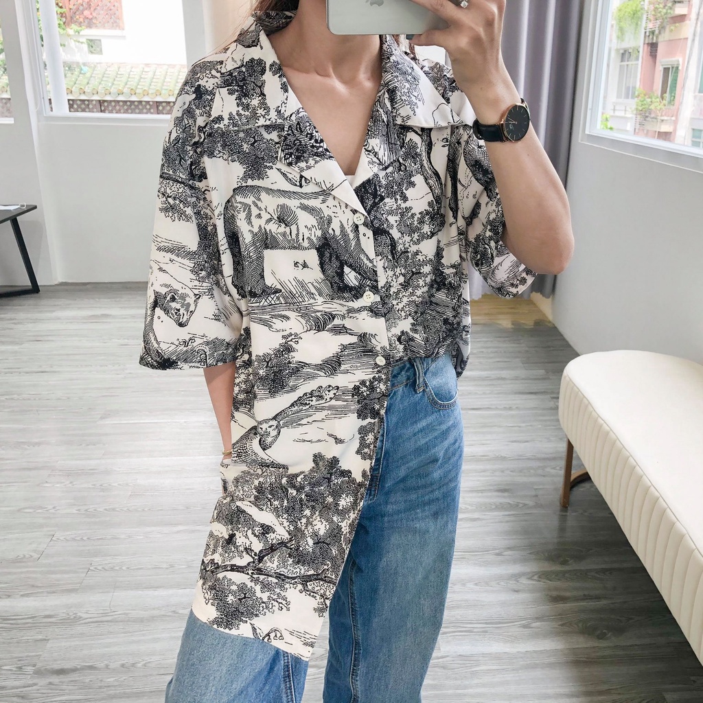 Áo Somi Unisex tay ngắn sơn thủy trắng đen