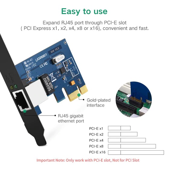 Card mạng UGREEN 30771 LAN PCI Express Gigabit Ethernet 10/100/1000Mbps Ugreen 30771 cao cấp