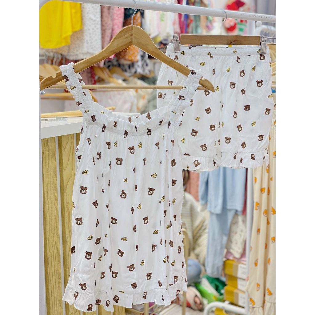 Bộ mặc nhà Pyjama hai dây chất đũi nhắn Hàn Tea Store chất vải mềm họa tiết dễ thương